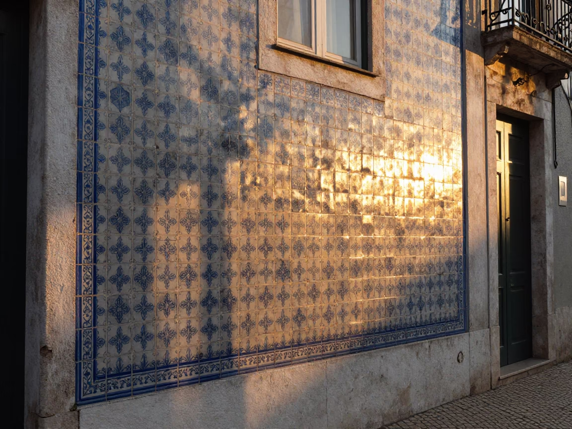 Golden Hour Light on Traditional Azulejo Tiles in Lisbon Portugal Street Scene in in Lisbon, Portugal