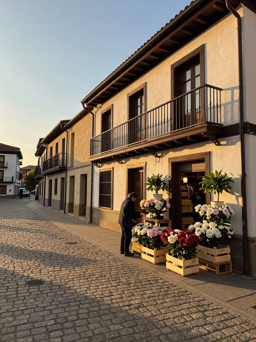 Golden Hour Light on Traditional Basque Architecture in Bilbao Spain Street Scene in in Bilbao, Spain
