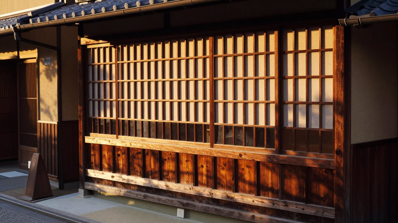 Golden Hour Light on Traditional Kyoto Machiya Wooden Lattice and Wicker Basket in in Kyoto, Japan