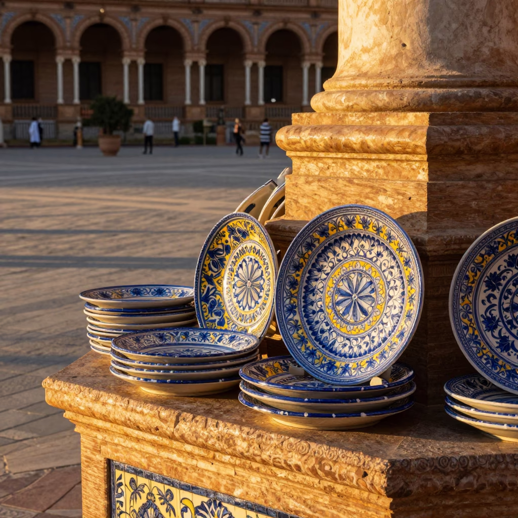 Golden Hour Light on Valencia Plaza Majolica Plates and Ceramic Details in in Valencia, Spain