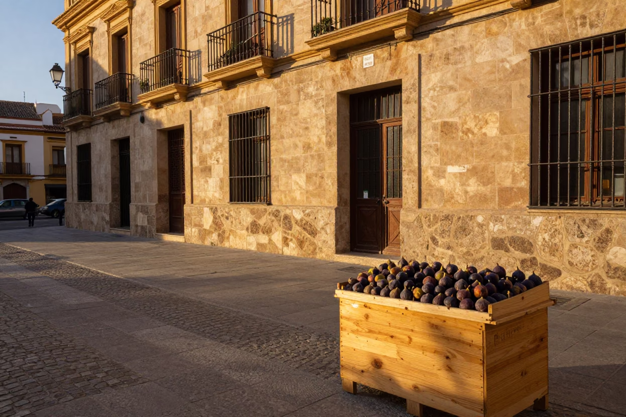 Golden Hour Light on Valencia Plaza Street Scene with Figs and Stone Architecture in in Valencia, Spain