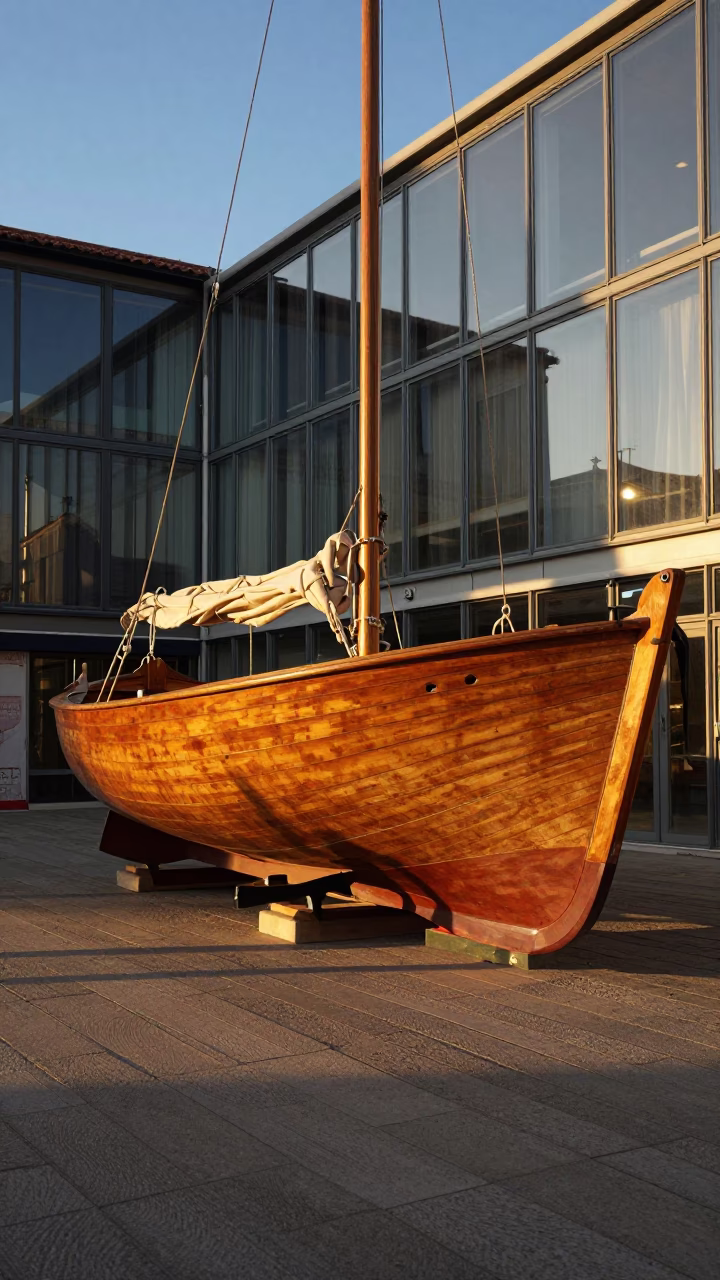 Golden Hour Light on Venice Wooden Sailboat in Boatyard with Glass Stool and Toolbox in in Venice, Italy