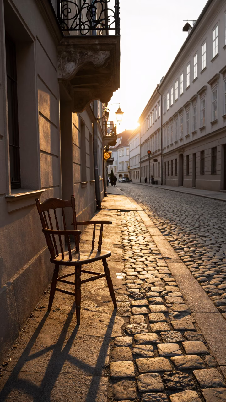 Golden Hour Light on Vienna Cobblestone Street with Spindle Chair and Bicycle Rack in in Vienna, Austria
