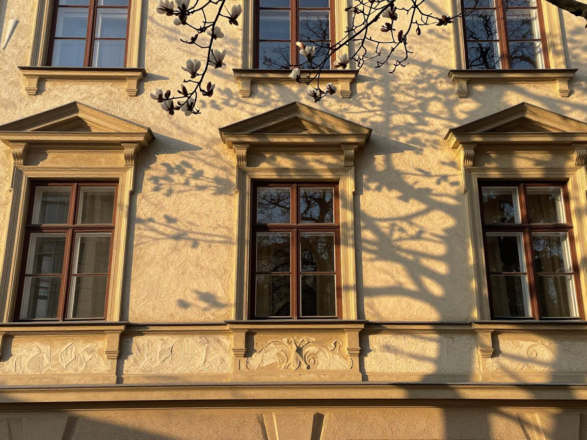 Golden Hour Light on Vienna Plaster Facades with Magnolia Blossoms and Dappled Shadows in in Vienna, Austria
