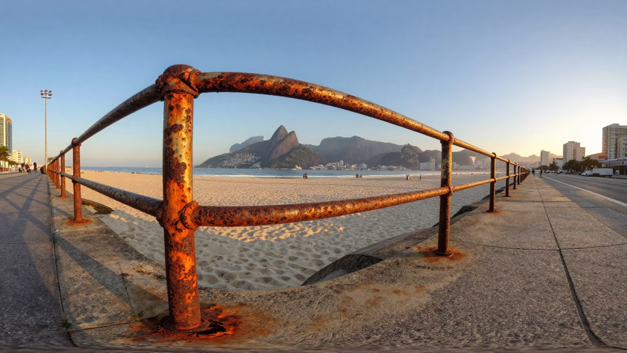 Golden Hour Light on Weathered Rusty Metal Near Rio de Janeiro Beachfront in in Rio de Janeiro, Brazil