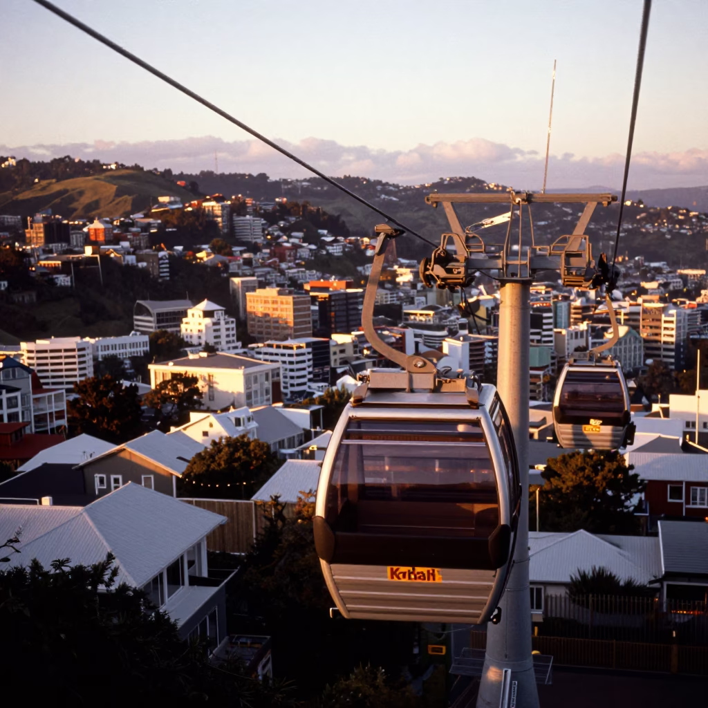 Golden Hour Light on Wellington Cable Car Gondola Over City Rooftops at Sunset in in Wellington, New Zealand