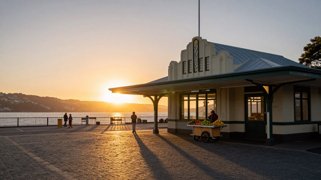 Golden Hour Light on Wellington Cable Car Station with Pomegranate and Spindle Chair in in Wellington, New Zealand
