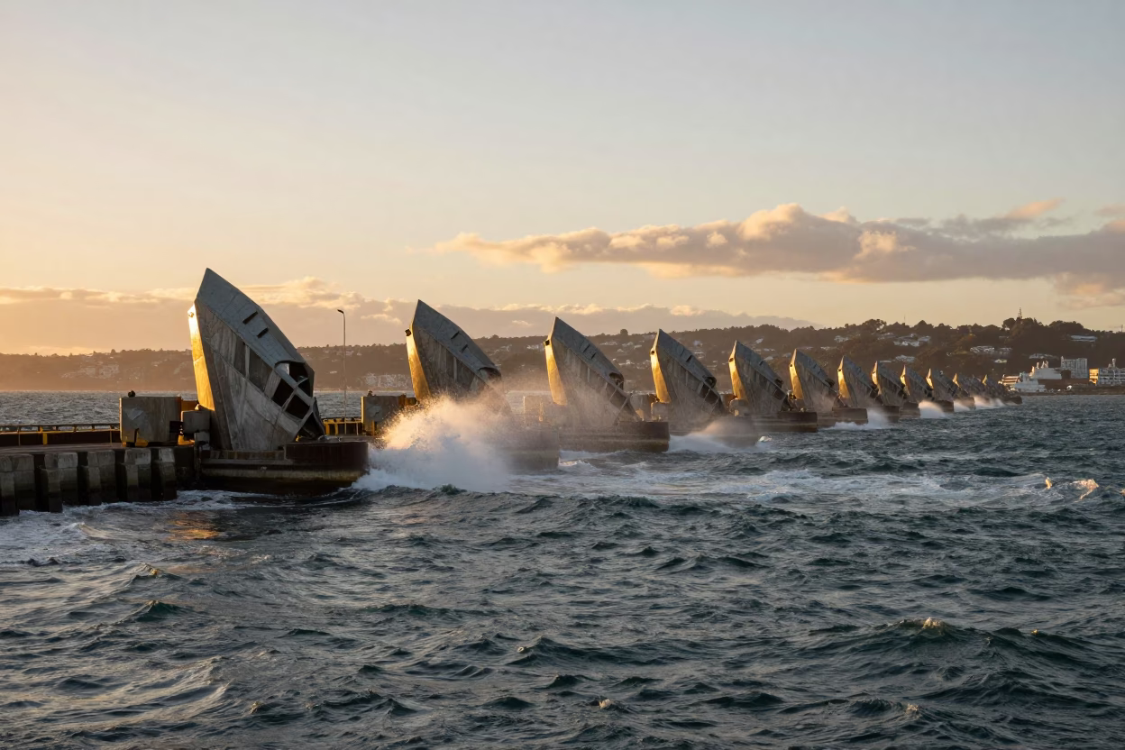 Golden Hour Light on Wellington Harbor Storm Surge Barrier and Windswept Estuary in in Wellington, New Zealand