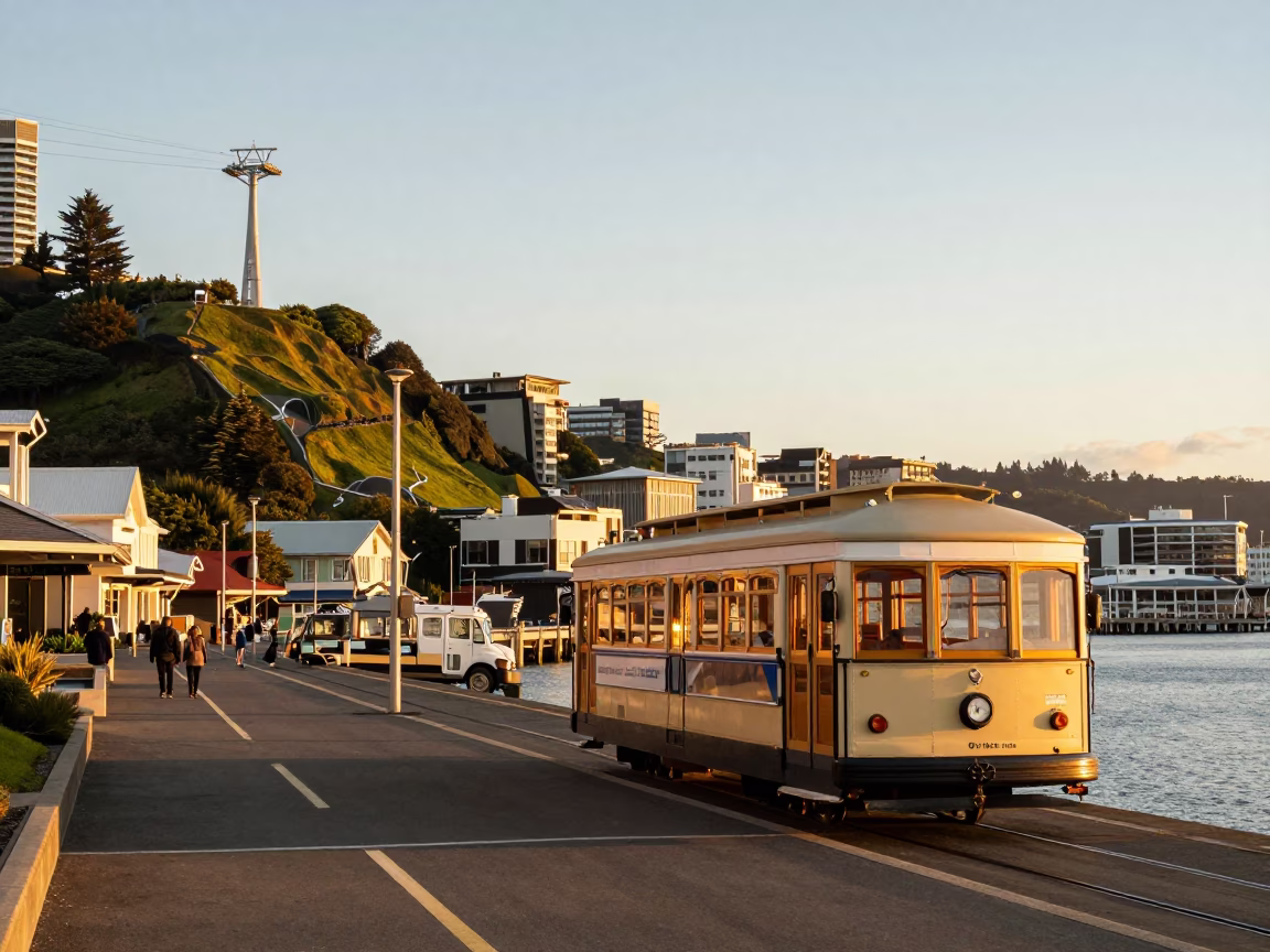 Golden Hour Light on Wellington Harbour Waterfront with Cable Car and Ferry in in Wellington, New Zealand