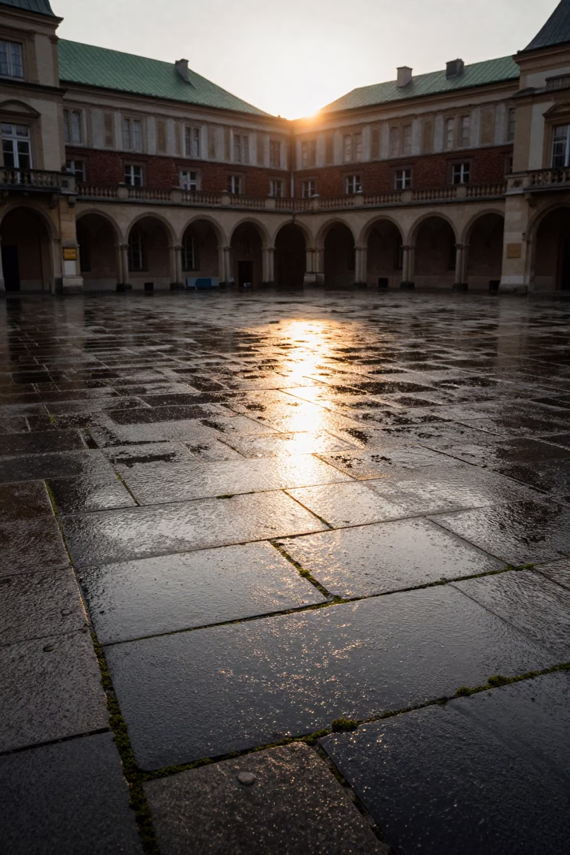 Golden Hour Light on Wet Flagstones in Krakow University Cloister After Rain in in Krakow, Poland