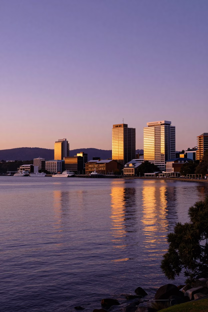 Golden Hour Light Over Hobart Waterfront and Mount Wellington in in Hobart, Tasmania, Australia