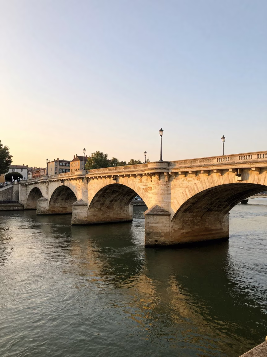 Golden Hour Light Over Lyon Bridges and Saone River with Maintenance Cradle in in Lyon, France