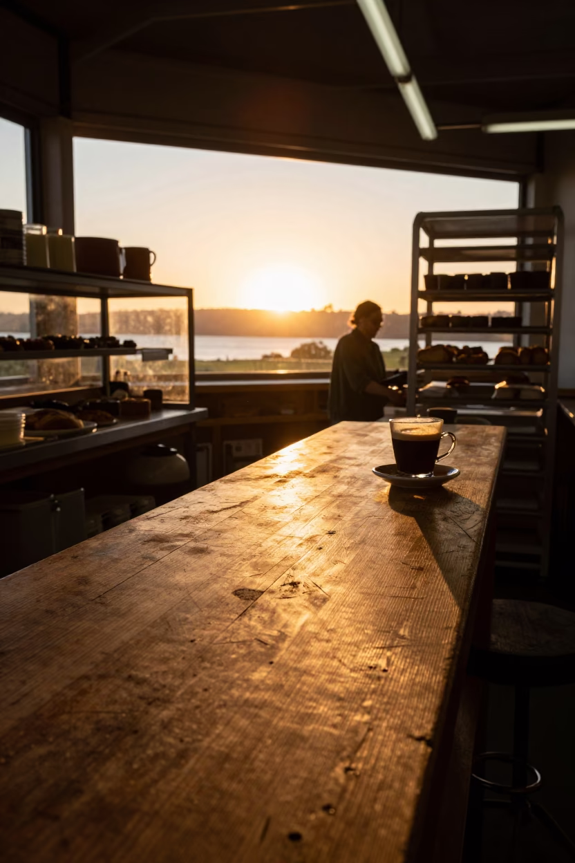 Golden Hour Light Pooling on Workbench Edge in Hobart Tasmania Bakery in in Hobart, Tasmania, Australia