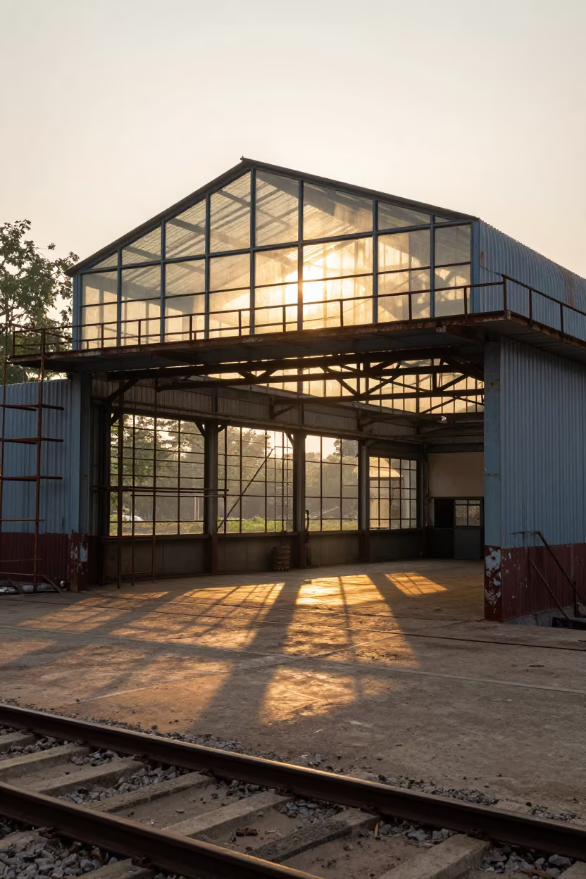 Golden Hour Light on Railway Engine Shed in on a scaffold platform near Prayagraj