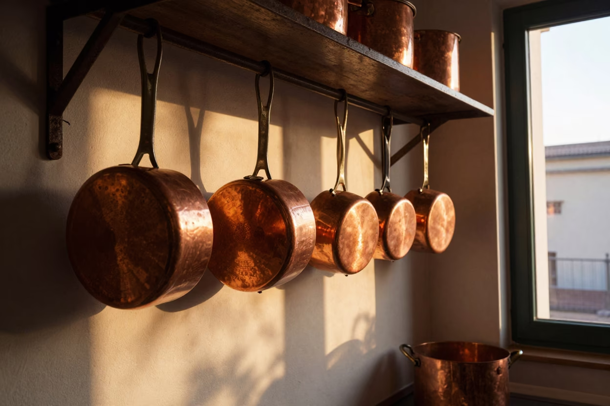 Golden hour light reflecting off copper pots in Palermo kitchen in in Palermo, Italy