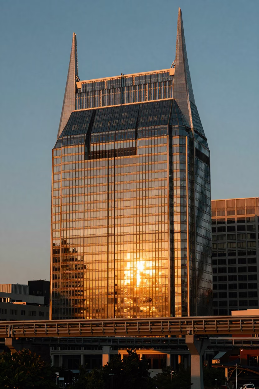 Golden Hour Light Reflecting Off Glass Skyscraper with Monorail in Nashville Tennessee in in Nashville, Tennessee, United States