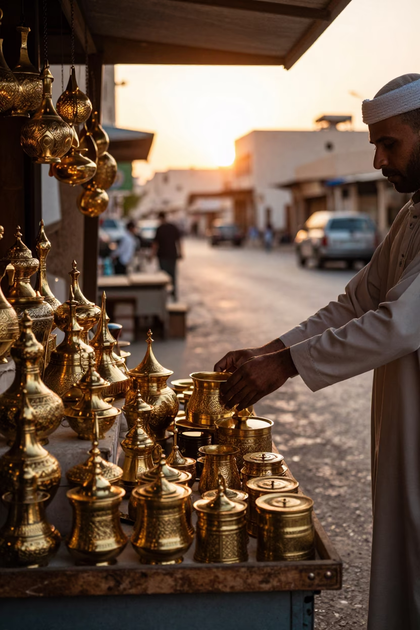 Golden hour light reflecting off Muscat street stalls with brassware in in Muscat, Oman
