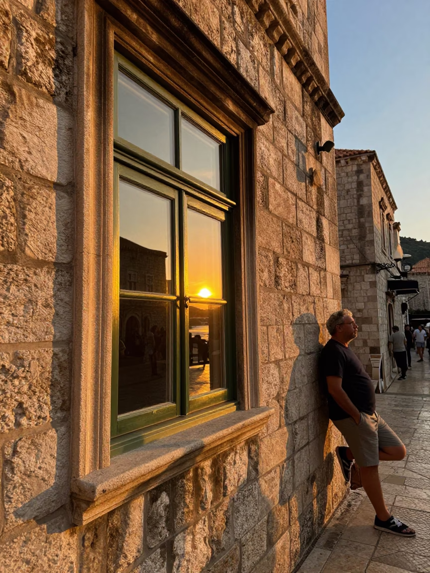 Golden Hour Light Reflecting Off Polished Brass Window Frames in Historic Dubrovnik Croatia in in Dubrovnik, Croatia
