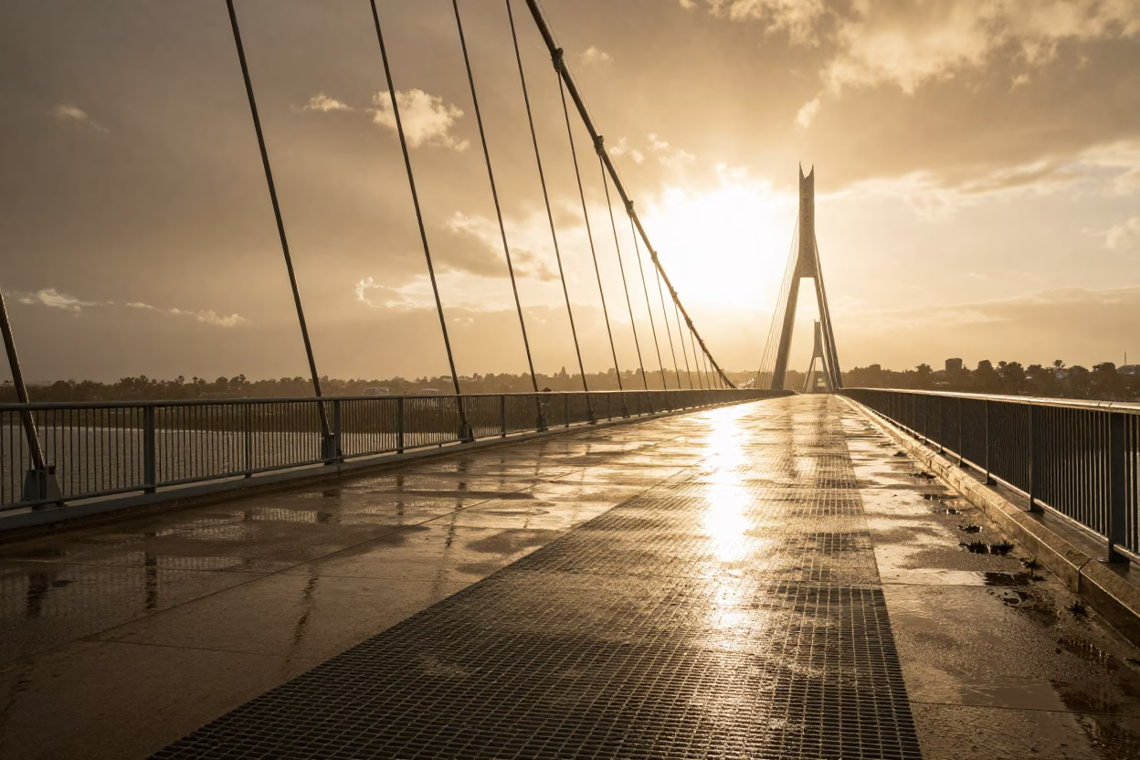 Golden Hour Light Reflecting on Perth Suspension Bridge Deck After Storm in in Perth, Western Australia, Australia