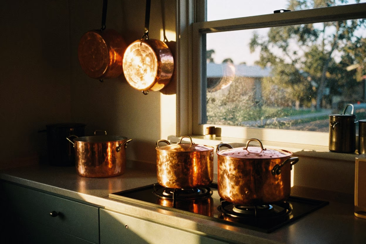 Golden Hour Light Reflects Off Copper Pots on Perth Kitchen Counter in in Perth, Western Australia, Australia
