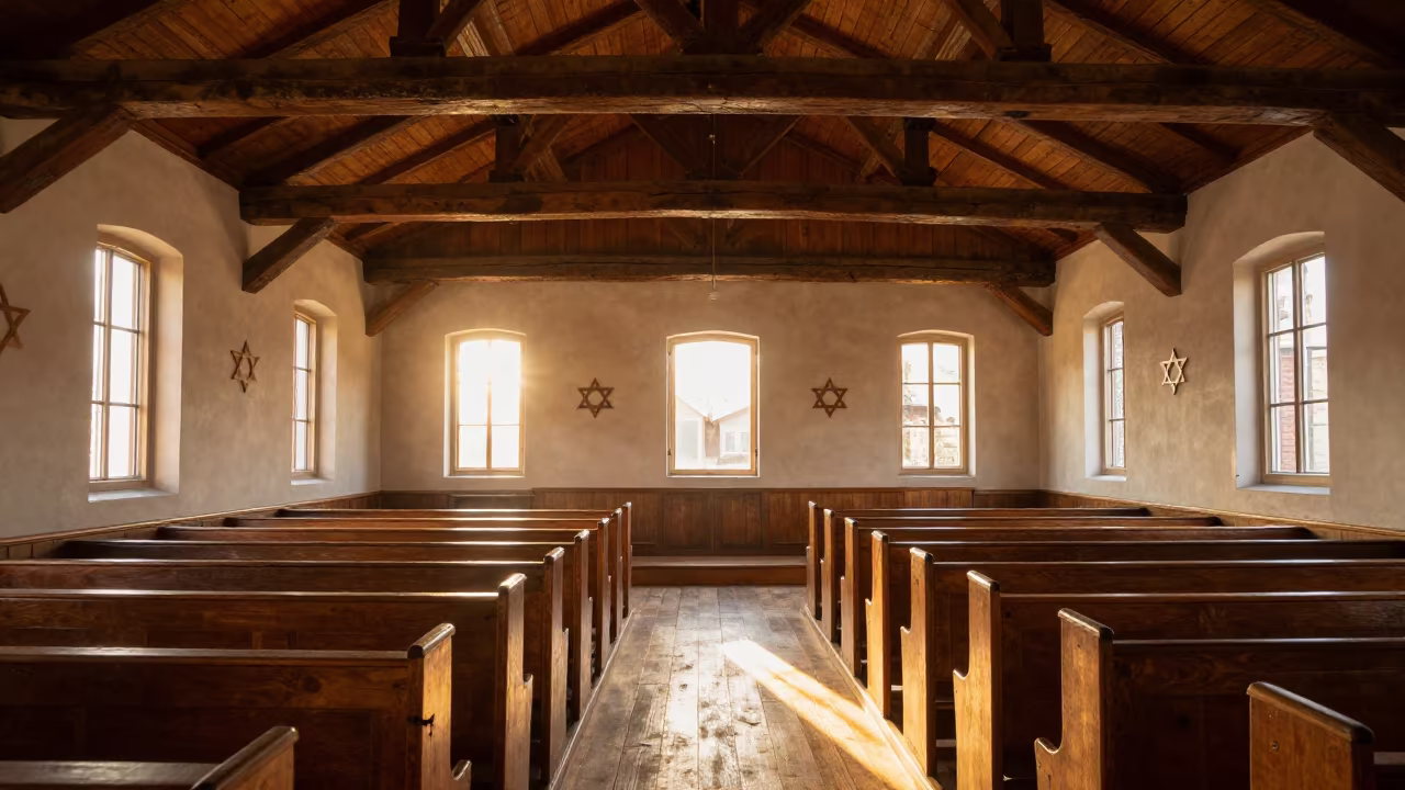 Golden Hour Light in Rural Polish Timber Synagogue in inside a timber synagogue hall in Adelaide
