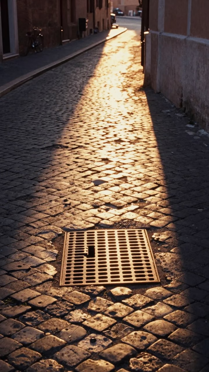 Golden Hour Light Striking Ancient Roman Cobblestones and Drainage Grate in in Rome, Italy
