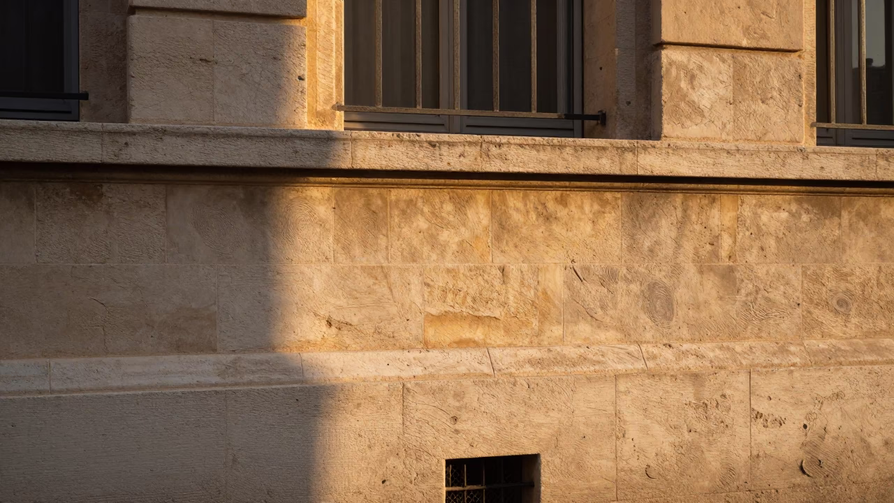 Golden Hour Light Striking Marseille Stone Facade with Fingerprint Marks on Windowsill in in Marseille, France