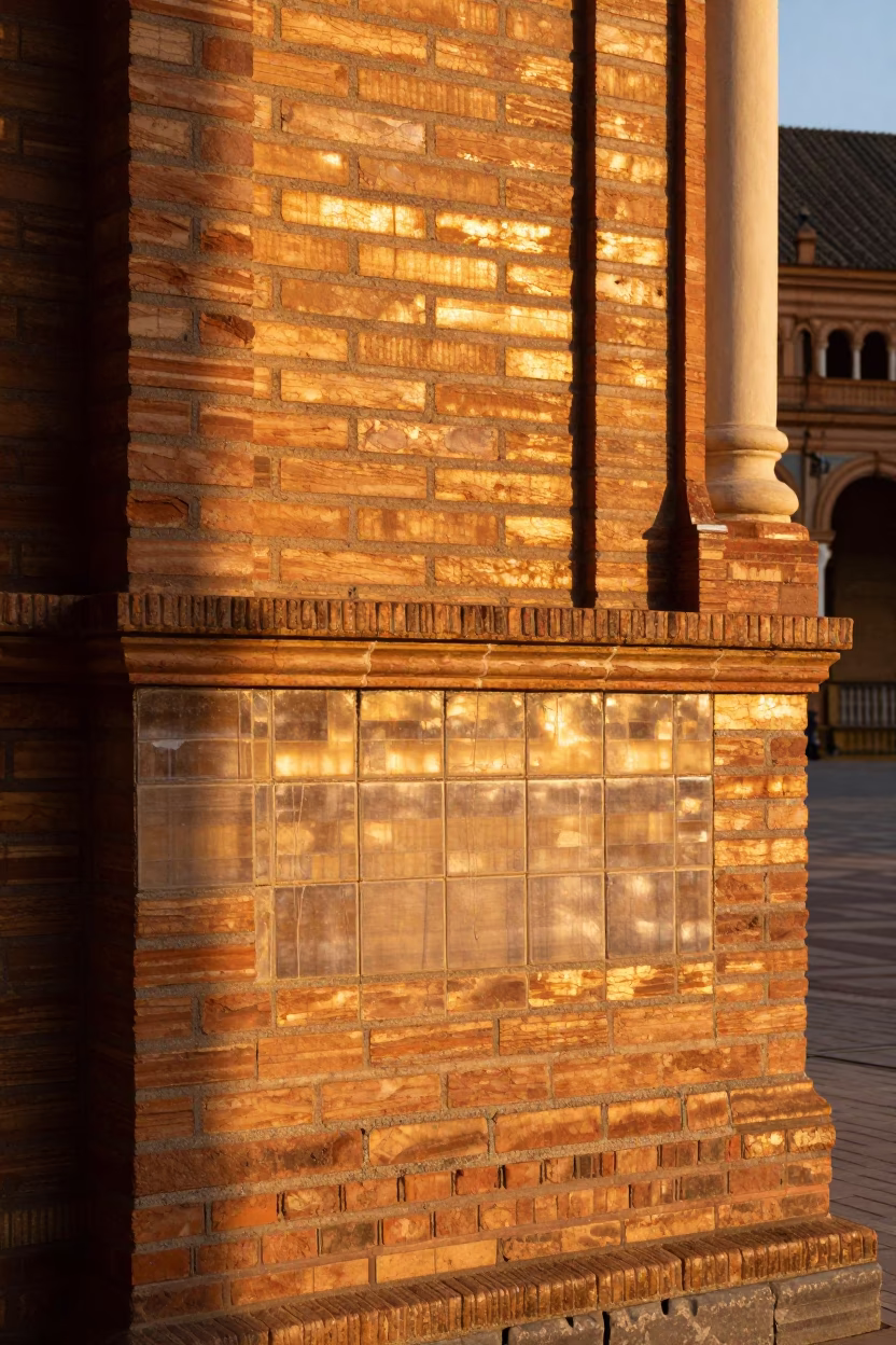 Golden Hour Light Striking Seville Brickwork and Tile Grout Lines Near Guadalquivir River in in Seville, Spain