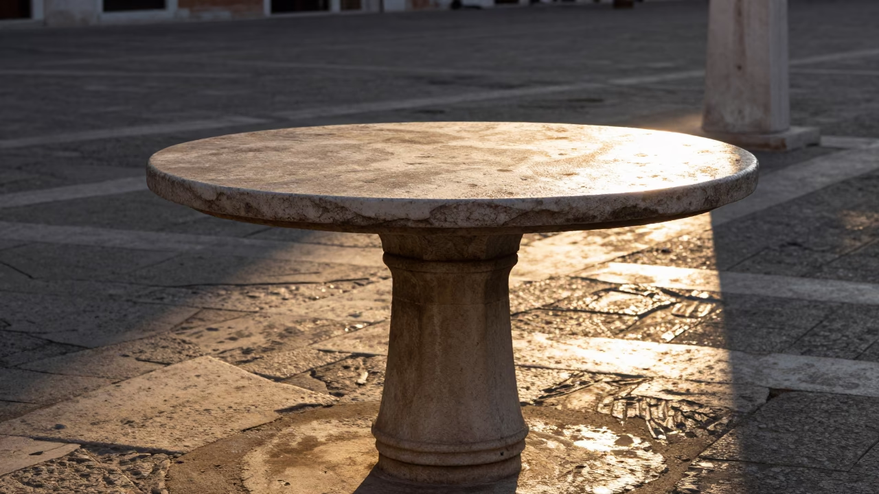 Golden Hour Light Striking Stone Table in Venice Piazza with Traditional Ceramic Cups in in Venice, Italy