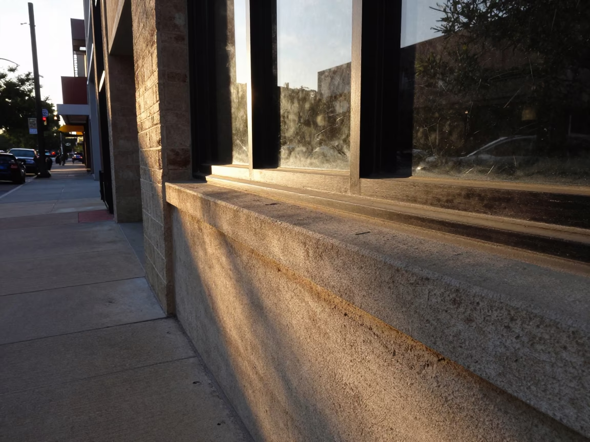 Golden Hour Light Striking Window Sill Edge in Austin Texas Urban Street Scene in in Austin, Texas, United States