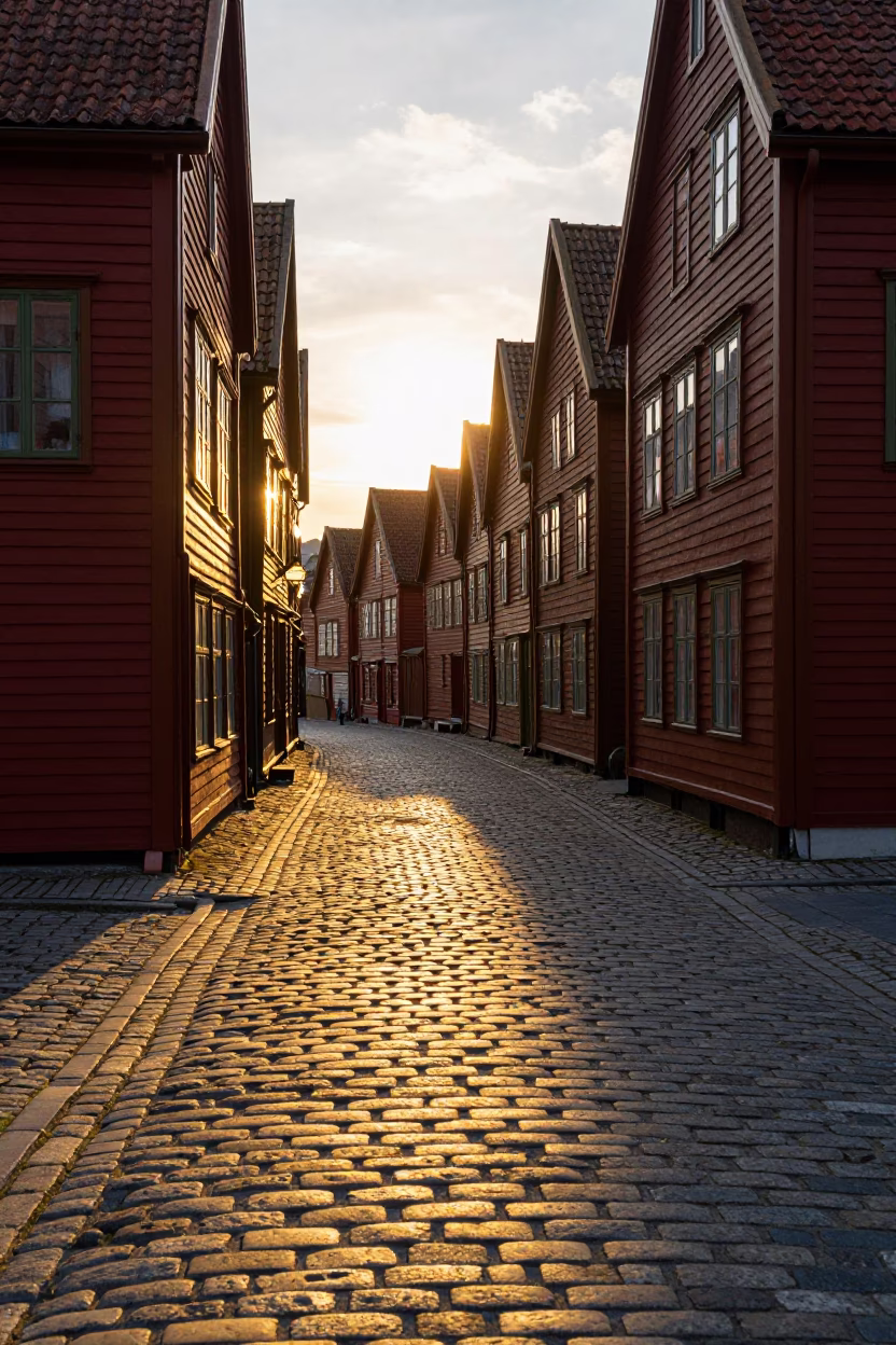 Golden Hour Light Stripes Across Cobblestones in Bergen Norway in in Bergen, Norway