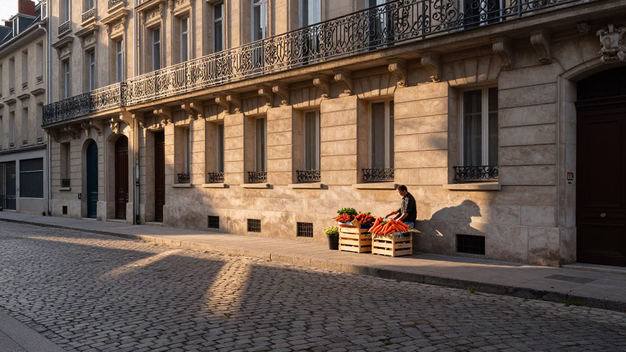 Golden Hour Light Stripes Across Cobblestones in Lyon France in in Lyon, France