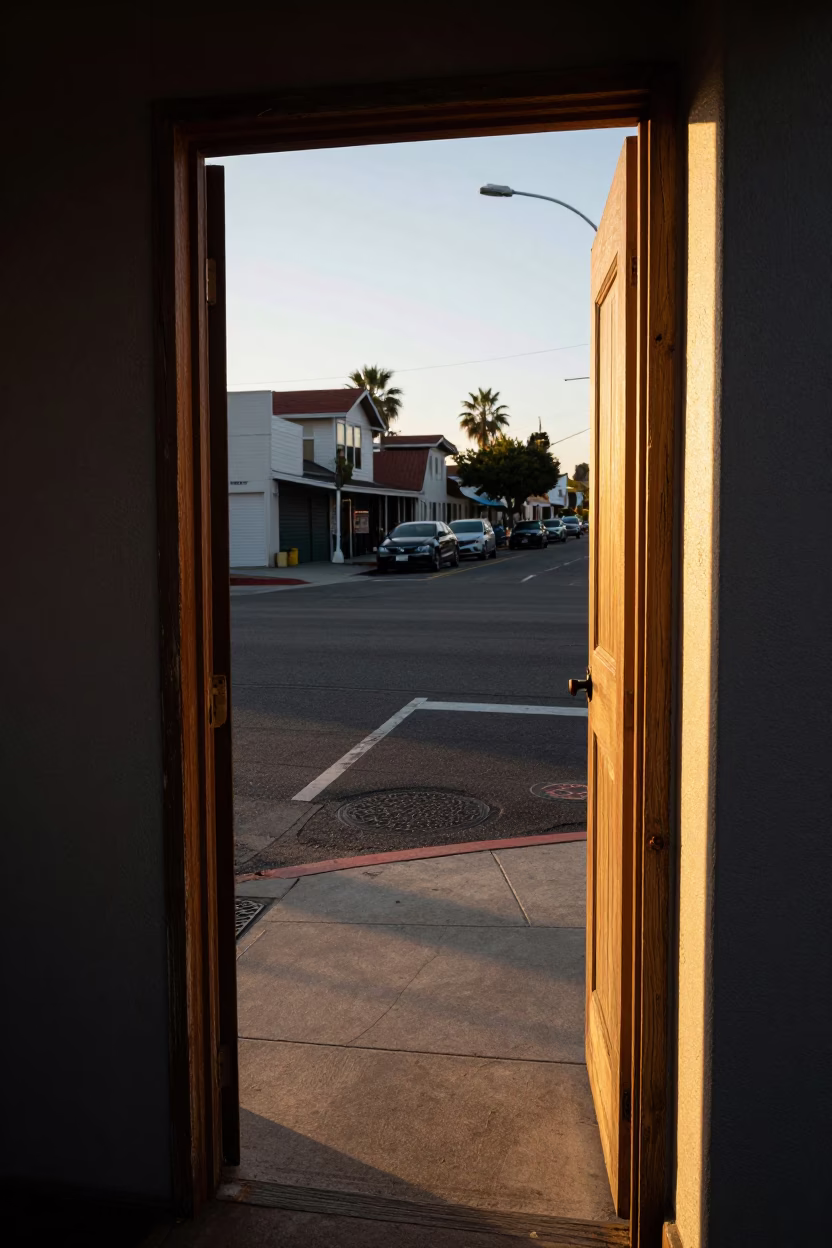 Golden Hour Light Stripes Across Doorframe in San Diego California Street Scene in in San Diego, California, United States