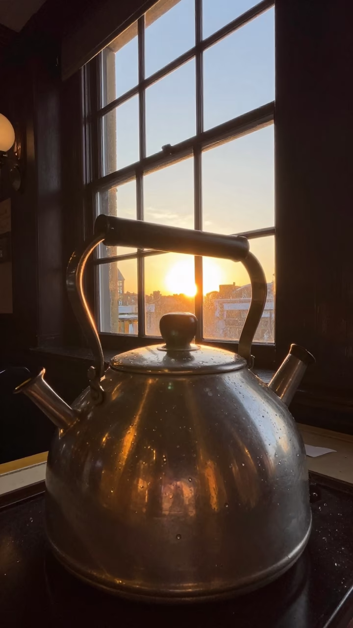 Golden Hour Light Stripes Across Kettle Lid in Traditional London Pub Interior in in London, United Kingdom