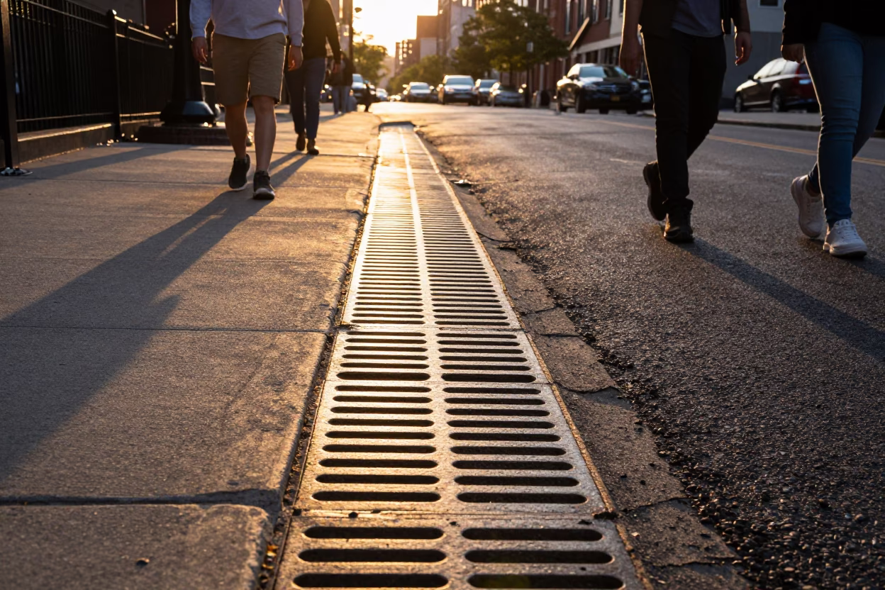 Golden Hour Light Stripes Across Philadelphia Street Drain Amidst Urban Evening Activity in in Philadelphia, Pennsylvania, United States
