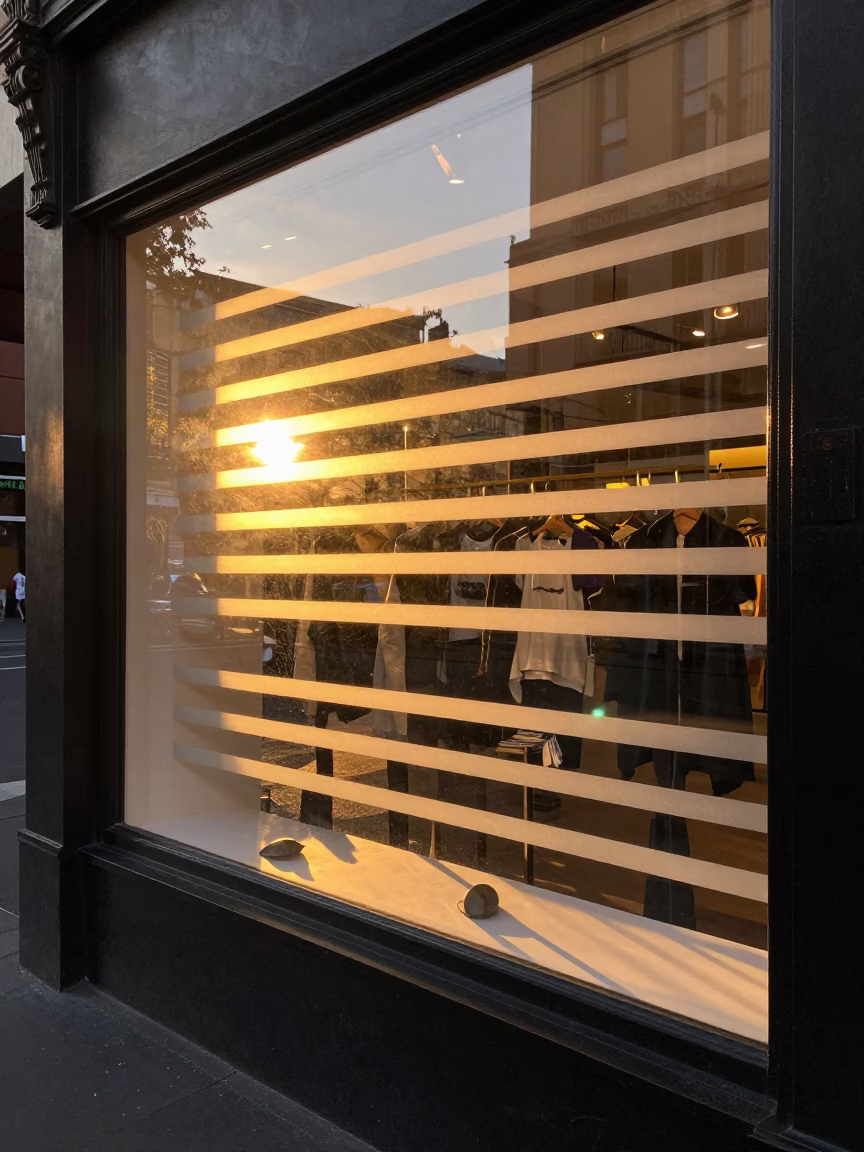 Golden Hour Light Stripes Across Window Glass in Melbourne Victoria Street Scene in in Melbourne, Victoria, Australia