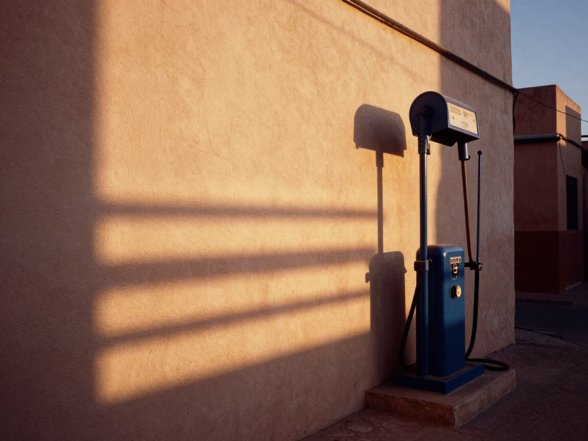 Golden Hour Light Stripes on Marrakech Plaster Wall Near Pumping Station in in Marrakech, Morocco