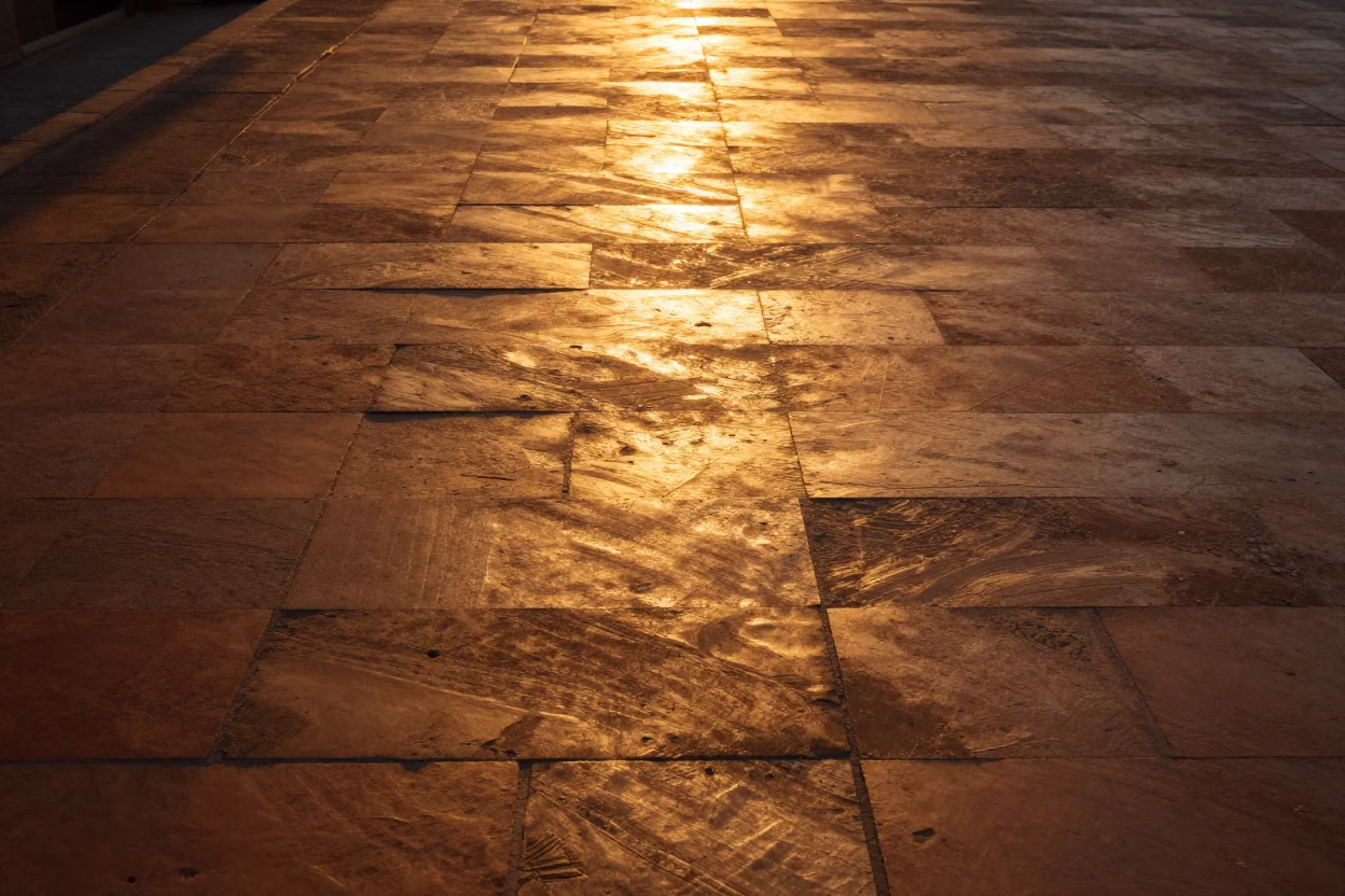 Golden Hour Light Stripes on Tuscan Tile Grout Outside Florentine Shop in in Florence, Italy