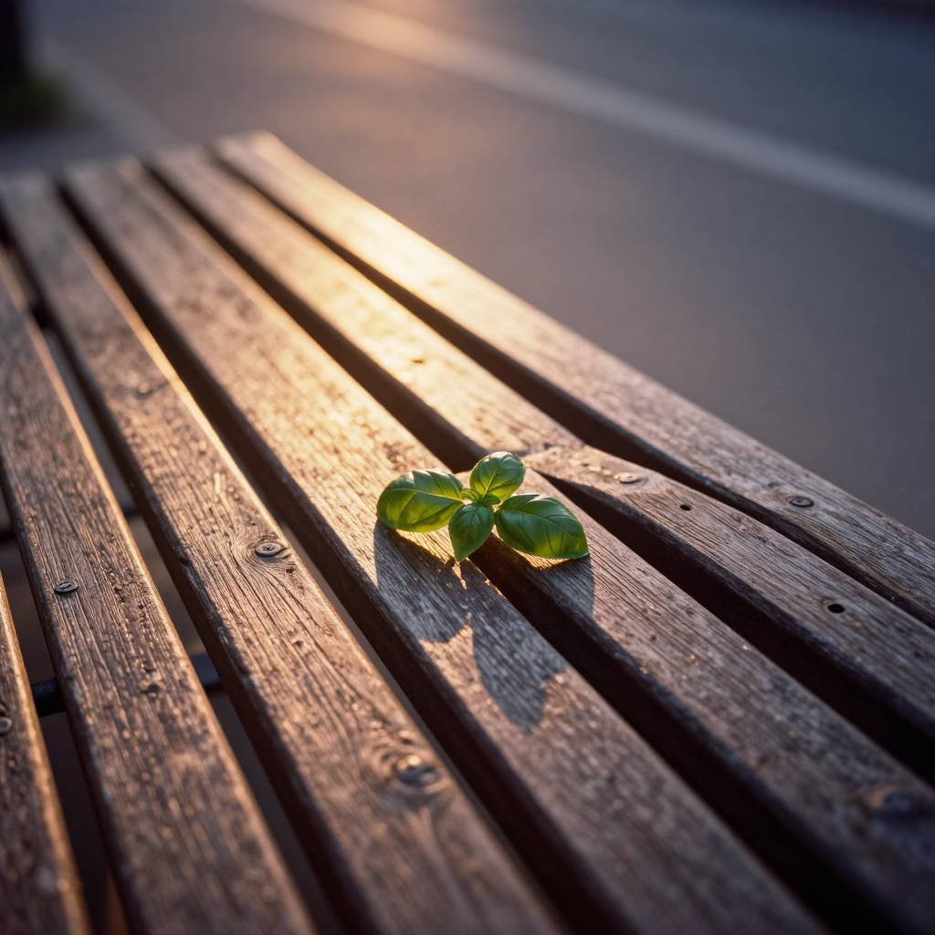 Golden Hour Light Stripes on Wooden Bench in Nice France with Basil Leaves in in Nice, France