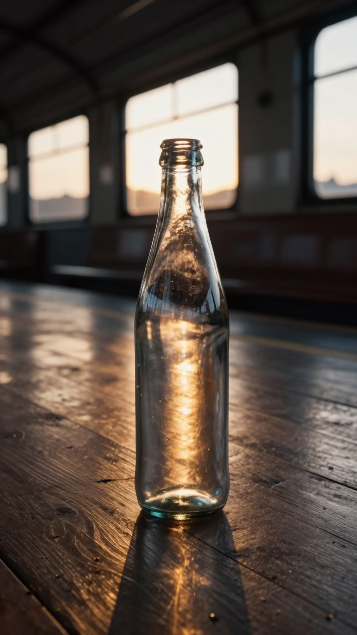 Golden Hour Light Through Glass Bottle on Floor in inside a restored train terminal in Sacaba