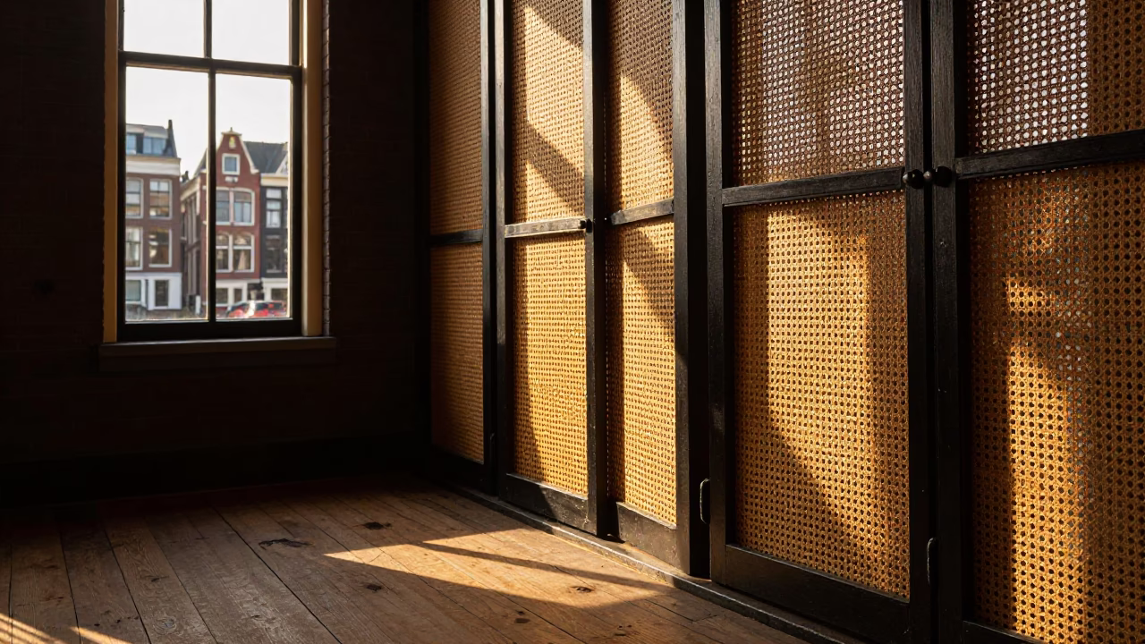 Golden Hour Light Through Woven Cane in Amsterdam Canal House Interior in in Amsterdam, Netherlands