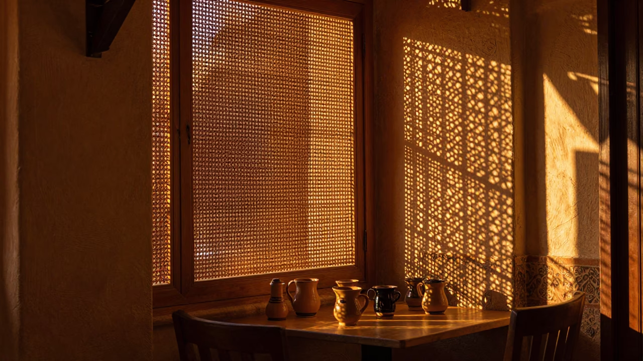 Golden Hour Light Through Woven Cane in Fez Morocco Cafe in in Fez, Morocco