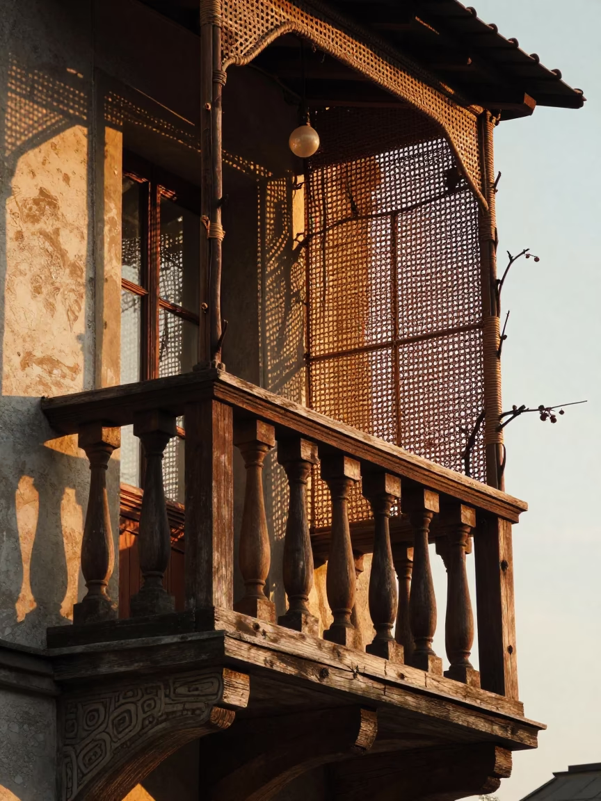 Golden Hour Light Through Woven Cane on Historic Krakow Balcony Vine in in Krakow, Poland