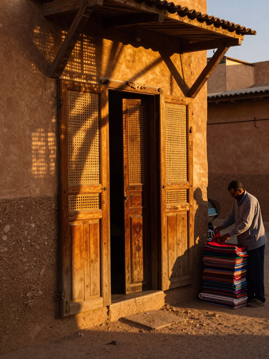 Golden Hour Light Through Woven Cane Shutters in Casablanca Morocco Sunset in in Casablanca, Morocco