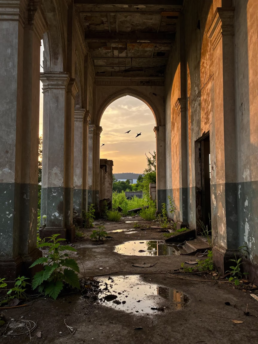 Golden Hour Light in Tokyo Chapel Ruin Corridor in along a derelict corridor with peeled paint and pooled water near Tokyo