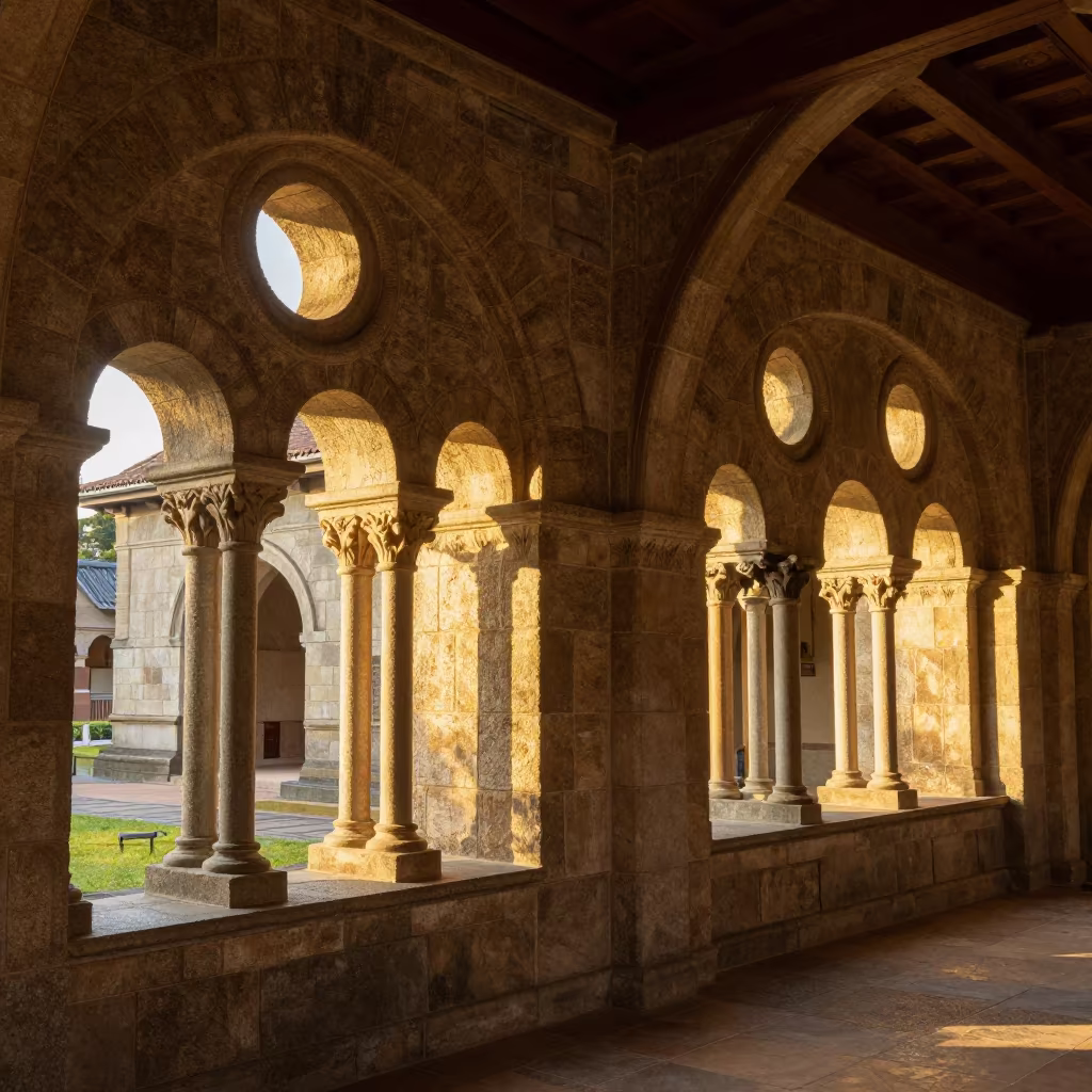 Golden Hour Light in Yokohama Stone Cloister in inside a stone chapel in Yokohama