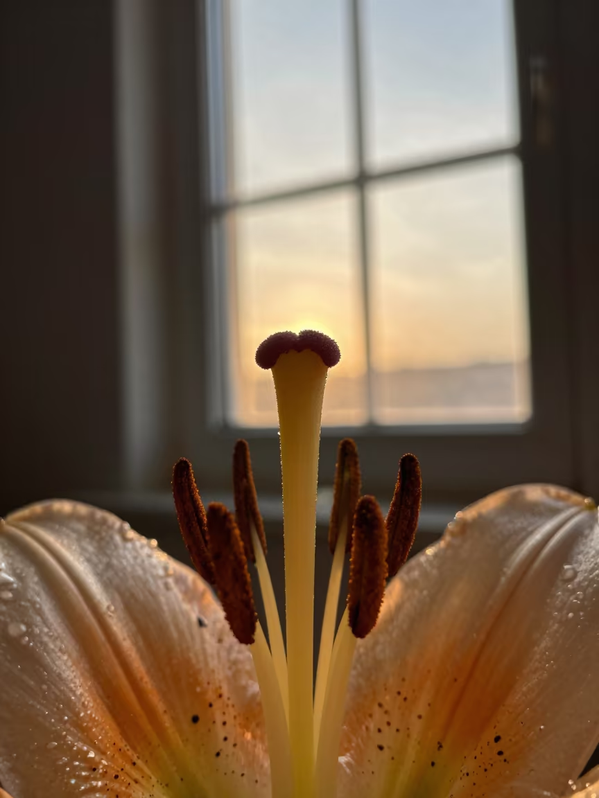 Golden Hour Lily Pollen on Frosted Window in along a frost-edged windowpane in Yogyakarta