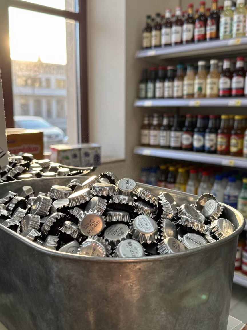 Golden Hour Liquor Bottle Cap Bin in Misrata Store in inside a bright retail aisle in Misrata