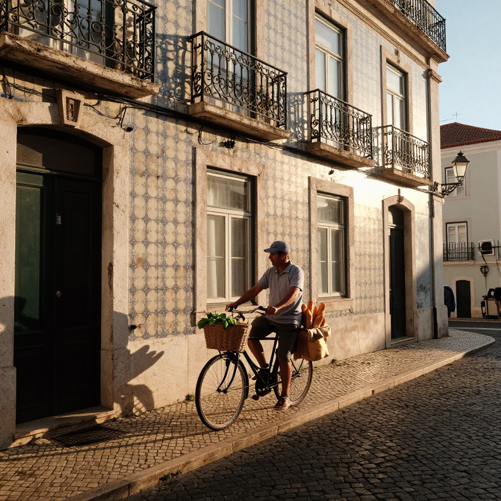 Golden Hour Lisbon Street Scene with Bicycle and Basil Leaves in in Lisbon, Portugal
