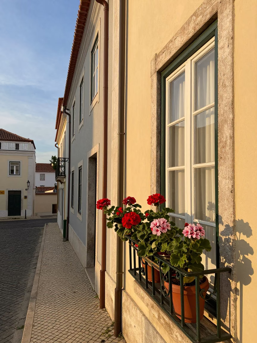 Golden Hour Lisbon Street Scene with Potted Geraniums and Traditional Architecture in in Lisbon, Portugal